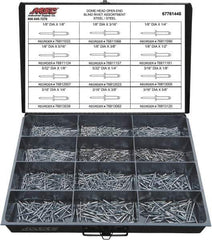 Value Collection - 1,100 Piece, 1/8 to 3/16" Hole Diam, Dome Head, Steel Blind Rivet Assortment - 1/8 to 5/8" Length, Steel Mandrel - Eagle Tool & Supply