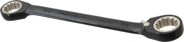 Proto - 3/4" x 7/8" 12 Point Spline Reversible Ratcheting Box Wrench - Double End, 1-5/8" Head Diam x 1/4" Head Thickness, 9-5/8" OAL, Steel, Black Chrome Finish - Eagle Tool & Supply