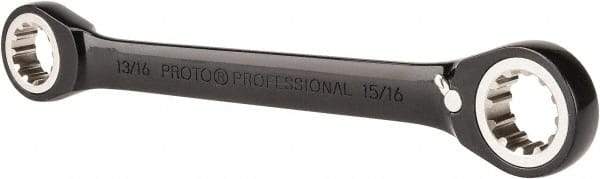 Proto - 13/16" x 15/16" 12 Point Spline Reversible Ratcheting Box Wrench - Double End, 1-13/16" Head Diam x 1/4" Head Thickness, 10-1/4" OAL, Steel, Black Chrome Finish - Eagle Tool & Supply