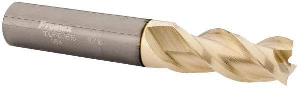 ProMax - 9/16", 1-1/4" LOC, 9/16" Shank Diam, 3-1/2" OAL, 3 Flute, Solid Carbide Square End Mill - Single End, ZrN Finish, Spiral Flute, 40° Helix, Right Hand Cut, Right Hand Flute, Series 109 - Eagle Tool & Supply