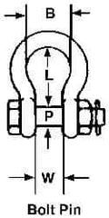 Campbell - 2" Nominal Chain Size, 35 Ton Carbon Steel Bolt Anchor Shackle - 2" Diam, 2" Pin Diam, 7-3/4" High x 3-1/4" Wide Inside Jaw, 5-3/4" Inside Width, 4-7/8" Max Body Thickness - Eagle Tool & Supply