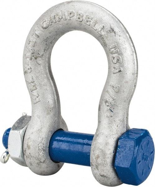 Campbell - 7/8" Nominal Chain Size, 6.5 Ton Carbon Steel Bolt Anchor Shackle - 7/8" Diam, 7/8" Pin Diam, 3-1/8" High x 1-7/16" Wide Inside Jaw, 2-1/16" Inside Width, 2" Max Body Thickness - Eagle Tool & Supply