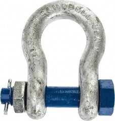 Campbell - 1" Nominal Chain Size, 8.5 Ton Carbon Steel Bolt Anchor Shackle - 1" Diam, 1" Pin Diam, 3-3/4" High x 1-11/16" Wide Inside Jaw, 2-1/2" Inside Width, 2-3/8" Max Body Thickness - Eagle Tool & Supply