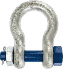 Campbell - 1-1/8" Nominal Chain Size, 9.5 Ton Carbon Steel Bolt Anchor Shackle - 1-1/8" Diam, 1-1/8" Pin Diam, 4-1/4" High x 1-13/16" Wide Inside Jaw, 2-15/16" Inside Width, 2-5/8" Max Body Thickness - Eagle Tool & Supply