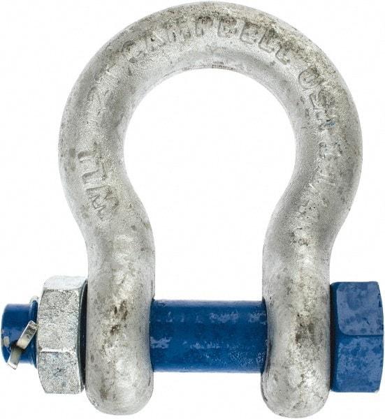 Campbell - 1-1/4" Nominal Chain Size, 12 Ton Carbon Steel Bolt Anchor Shackle - 1-1/4" Diam, 1-1/4" Pin Diam, 4-1/2" High x 2" Wide Inside Jaw, 3-1/4" Inside Width, 3" Max Body Thickness - Eagle Tool & Supply