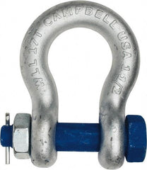 Campbell - 1-1/2" Nominal Chain Size, 17 Ton Carbon Steel Bolt Anchor Shackle - 1-1/2" Diam, 1-1/2" Pin Diam, 5-3/4" High x 2-3/8" Wide Inside Jaw, 3-7/8" Inside Width, 3-1/2" Max Body Thickness - Eagle Tool & Supply