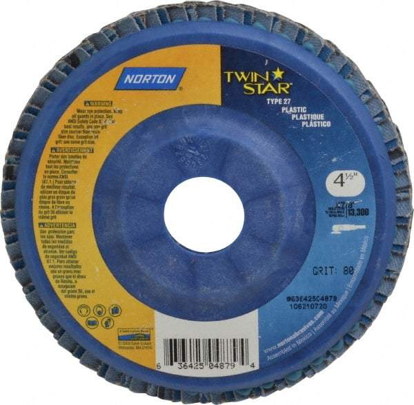 Norton - 80 Grit, 4-1/2" Disc Diam, 7/8" Center Hole, Type 27 Ceramic Flap Disc - 13,000 Max RPM, Plastic Backing, Arbor Attaching System, Coated - Eagle Tool & Supply