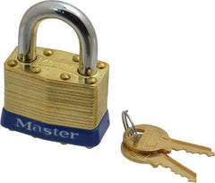 Master Lock - 15/16" Shackle Clearance, Keyed Alike Laminated Brass Padlock - 5/16" Shackle Diam, Brass - Eagle Tool & Supply