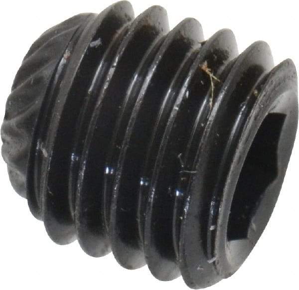 Unbrako - 1/4-28 UNF, 1/4" OAL, Knurled Cup Point Set Screw - Grade 8 Alloy Steel, 1/8" Key - Eagle Tool & Supply