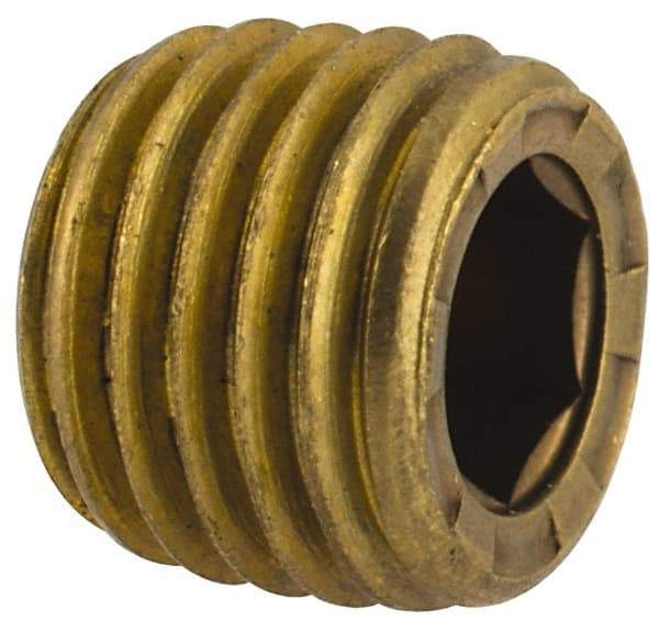 Unbrako - 1/16-27, 1/4" OAL, Brass Socket Pressure Plug - 7/8" Taper per Foot, 5/32" Hex Key - Eagle Tool & Supply