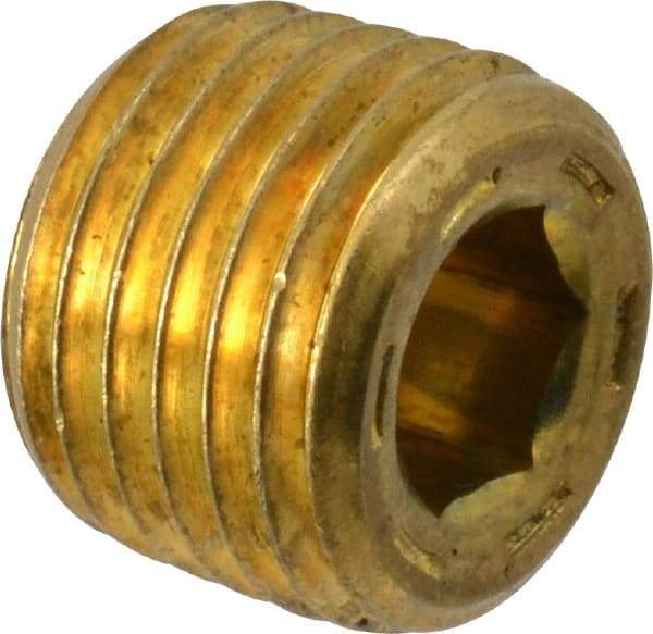 Unbrako - 1/4-18, 13/32" OAL, Brass Socket Pressure Plug - 7/8" Taper per Foot, 1/4" Hex Key - Eagle Tool & Supply