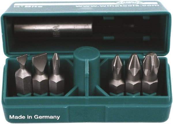 Wiha - 6 Piece, 1/4" Drive Screwdriver Insert Bit Set - #0 to #3 Phillips, 4.5 & 6mm Slotted - Eagle Tool & Supply