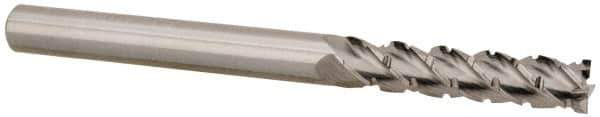 Accupro - 1/4" Diam, 1-1/8" LOC, 4 Flute Solid Carbide Roughing & Finishing Square End Mill - Uncoated, 3" OAL, 1/4" Shank Diam, Straight Shank, 40° Helix, Centercutting, Long Length - Eagle Tool & Supply