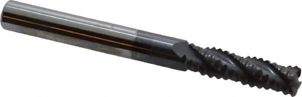 ProMax - 1/4" Diam, Coarse Pitch, 3/4" LOC, 4 Flute Solid Carbide 0.04-0.05" Corner Radius Roughing End Mill - AlTiN Finish, 2-1/2" OAL, 1/4" Shank Diam, Single End, Centercutting, 30° Helix - Eagle Tool & Supply
