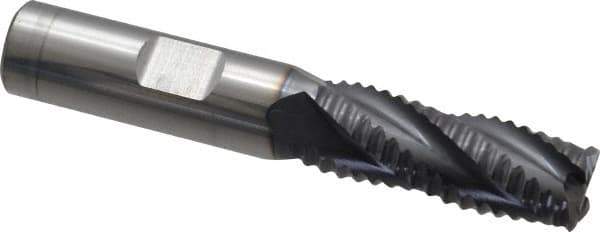 ProMax - 1/2" Diam, Coarse Pitch, 1-1/4" LOC, 4 Flute Solid Carbide 0.055-0.065" Corner Radius Roughing End Mill - AlTiN Finish, 3" OAL, 1/2" Shank Diam, Single End, Centercutting, 30° Helix - Eagle Tool & Supply