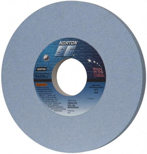 Norton - 12" Diam x 3" Hole x 1" Thick, I Hardness, 60 Grit Surface Grinding Wheel - Ceramic, Type 1, Medium Grade, 2,070 Max RPM, Vitrified Bond, No Recess - Eagle Tool & Supply