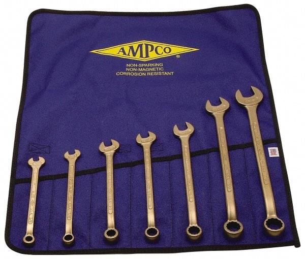 Ampco - 7 Piece, 8mm to 22mm, 12 Point Combination Wrench Set - Metric Measurement Standard, Aluminum Bronze Finish, Comes in Roll-Up Pouch - Eagle Tool & Supply