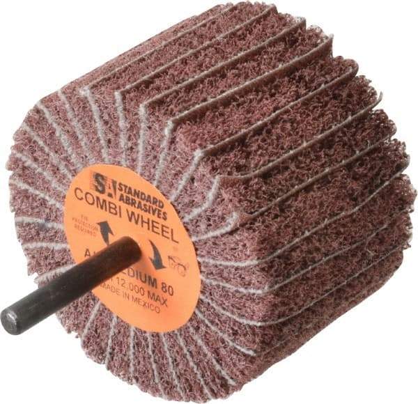 Standard Abrasives - 3" Diam x 2" Face Width, Medium Aluminum Oxide Coated Mounted Flap Wheel - 1/4" Shank Mount, 80 Grit, 12,000 Max RPM - Eagle Tool & Supply
