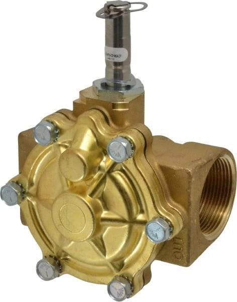 Parker - 1-1/2" Port, Two Way, Piloted Diaphragm, Brass Solenoid Valve - Normally Open, 125 Max PSI, NBR Seal - Eagle Tool & Supply
