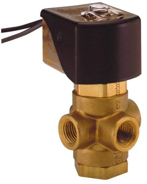 Parker - 1/4" Port, Three Way, Direct Acting, Brass Solenoid Valve - Universal, 125 Max PSI, NBR Seal - Eagle Tool & Supply