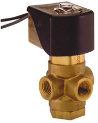 Parker - 1/4" Port, Three Way, Direct Acting, Brass Solenoid Valve - Universal, 125 Max PSI, NBR Seal - Eagle Tool & Supply