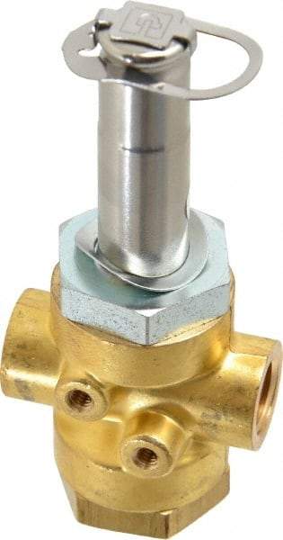 Parker - 1/4" Port, Three Way, Direct Acting, Brass Solenoid Valve - Normally Open, 235 Max PSI, NBR Seal - Eagle Tool & Supply