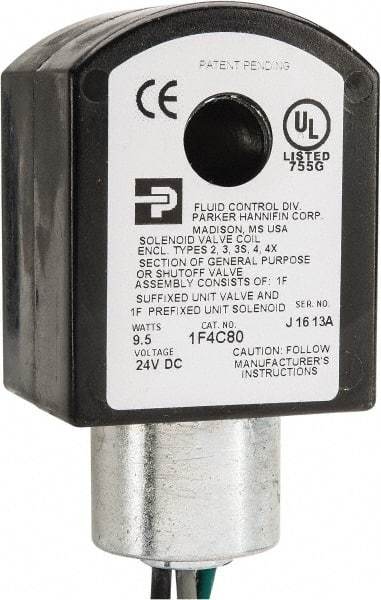 Parker - 24 Volt, 18 Coil Lead Length, Class F, Solenoid Coil - 9.5 Watt, NEMA 4X Enclosure, Use with Parker Skinner Gold Ring Series Valves - Eagle Tool & Supply