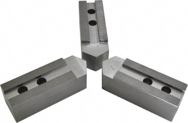 H & R Manufacturing - 1.5mm x 60° Serrated Attachment, Square Soft Lathe Chuck Jaw - 3 Jaws, Steel, 1.69" Btw Mount Hole Ctrs, 7-1/2" Long x 2-1/2" Wide x 2-1/2" High, 0.866" Groove, 20mm Fastener - Eagle Tool & Supply