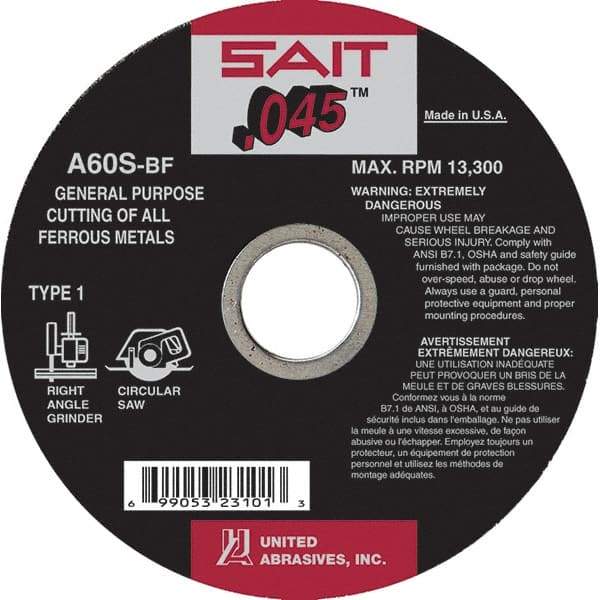 Sait - 4-1/2" 60 Grit Aluminum Oxide Cutoff Wheel - 0.045" Thick, 7/8" Arbor, 13,300 Max RPM, Use with Angle Grinders - Eagle Tool & Supply