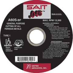 Sait - 6" 60 Grit Aluminum Oxide Cutoff Wheel - 0.045" Thick, 5/8" Arbor, 10,200 Max RPM, Use with Angle Grinders - Eagle Tool & Supply