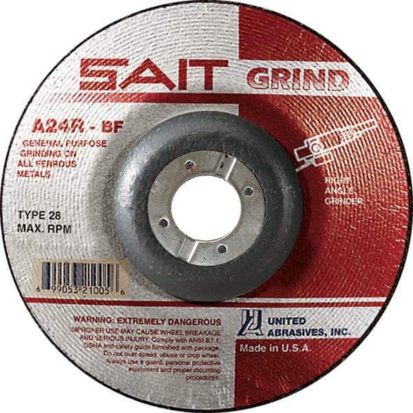 Sait - 24 Grit, 4-1/2" Wheel Diam, 1/4" Wheel Thickness, 7/8" Arbor Hole, Type 28 Depressed Center Wheel - Aluminum Oxide, Resinoid Bond, R Hardness, 13,300 Max RPM, Compatible with Angle Grinder - Eagle Tool & Supply