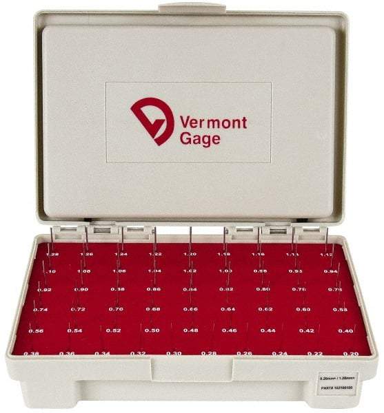 Vermont Gage - 55 Piece, 0.2-1.28 mm Diameter Plug and Pin Gage Set - Plus 0.01 mm Tolerance, Class ZZ - Eagle Tool & Supply
