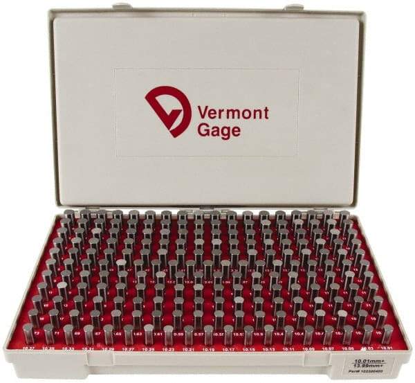 Vermont Gage - 200 Piece, 10.01-13.99 mm Diameter Plug and Pin Gage Set - Plus 0.01 mm Tolerance, Class ZZ - Eagle Tool & Supply