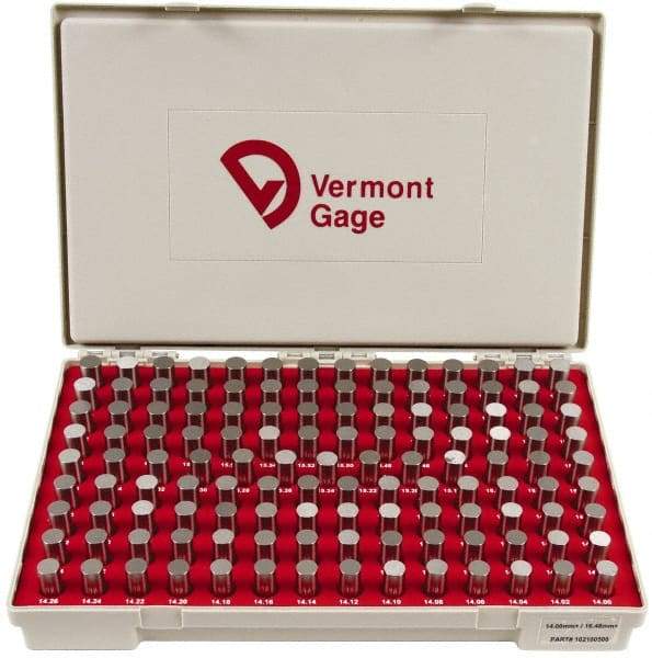 Vermont Gage - 125 Piece, 14-16.48 mm Diameter Plug and Pin Gage Set - Plus 0.01 mm Tolerance, Class ZZ - Eagle Tool & Supply