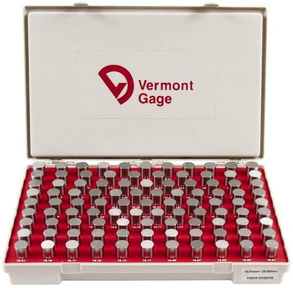 Vermont Gage - 100 Piece, 19.01-20.99 mm Diameter Plug and Pin Gage Set - Plus 0.01 mm Tolerance, Class ZZ - Eagle Tool & Supply