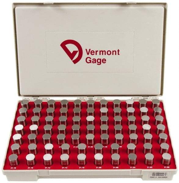 Vermont Gage - 75 Piece, 21-22.48 mm Diameter Plug and Pin Gage Set - Plus 0.01 mm Tolerance, Class ZZ - Eagle Tool & Supply