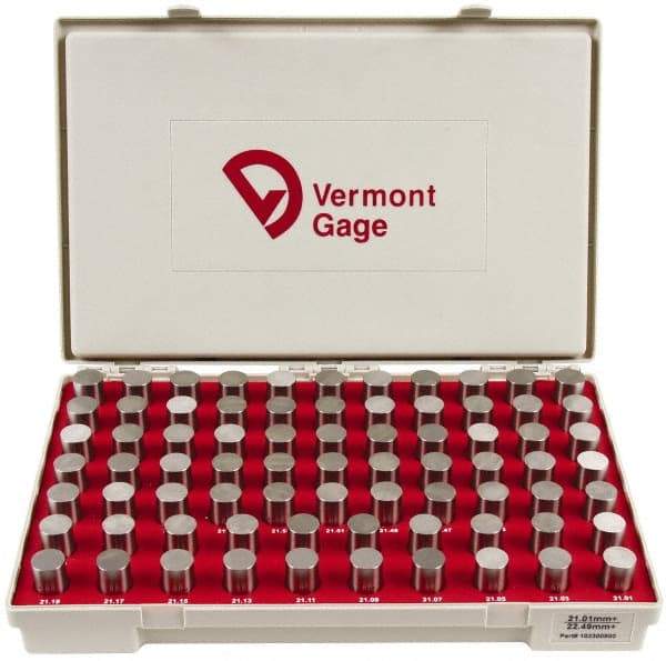 Vermont Gage - 75 Piece, 21.01-22.49 mm Diameter Plug and Pin Gage Set - Plus 0.01 mm Tolerance, Class ZZ - Eagle Tool & Supply