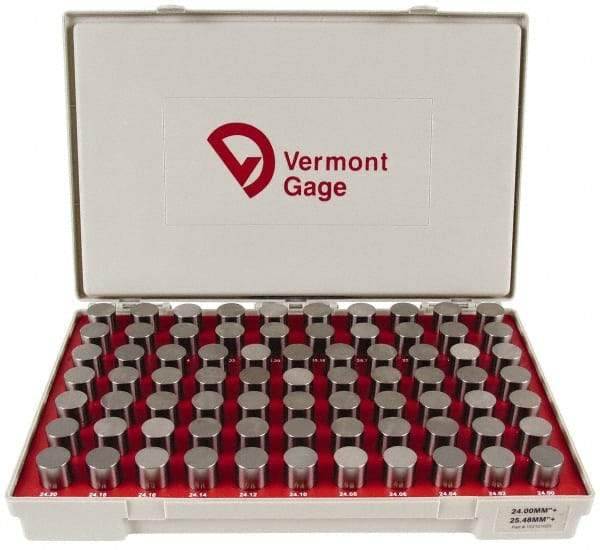 Vermont Gage - 75 Piece, 24-25.48 mm Diameter Plug and Pin Gage Set - Plus 0.01 mm Tolerance, Class ZZ - Eagle Tool & Supply