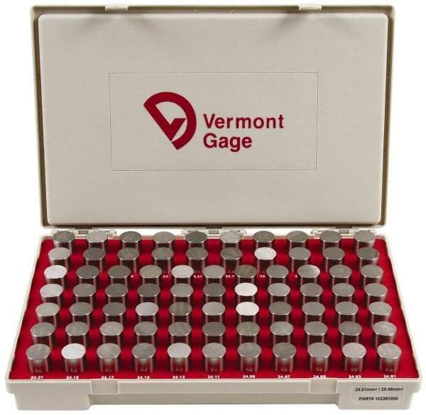 Vermont Gage - 75 Piece, 24.01-25.49 mm Diameter Plug and Pin Gage Set - Plus 0.01 mm Tolerance, Class ZZ - Eagle Tool & Supply