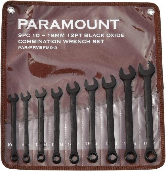 Paramount - 9 Piece, 10mm to 18mm, 12 Point Combination Wrench Set - Metric Measurement Standard, Black Oxide Finish, Comes in Canvas Roll - Eagle Tool & Supply