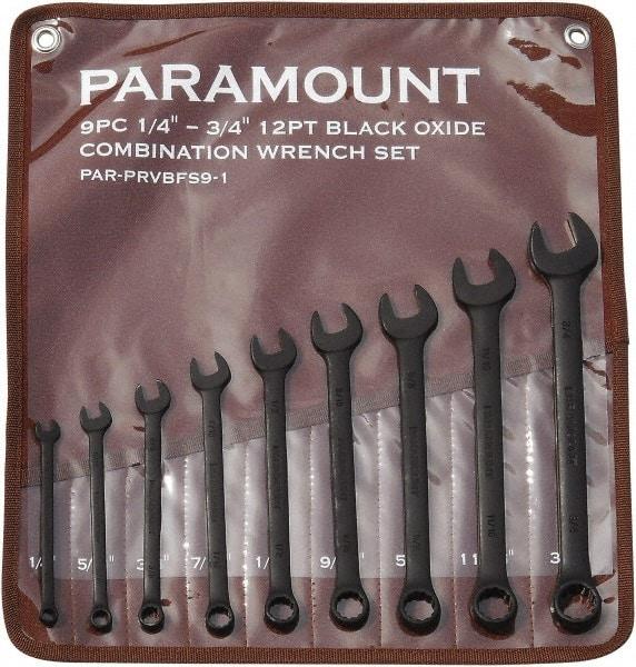 Paramount - 9 Piece, 1/4" to 3/4", 12 Point Combination Wrench Set - Inch Measurement Standard, Black Oxide Finish, Comes in Canvas Roll - Eagle Tool & Supply