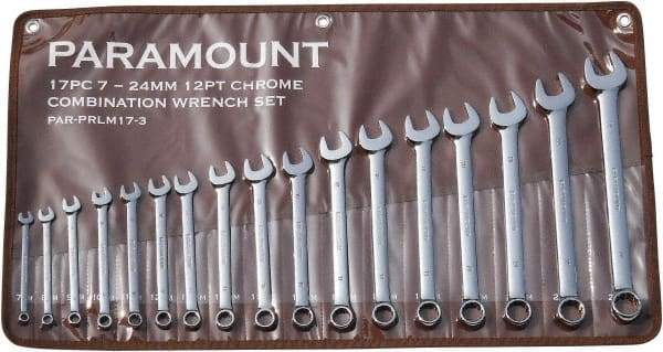 Paramount - 17 Piece, 7mm to 24mm, 12 Point Combination Wrench Set - Metric Measurement Standard, Full Polish Finish, Comes in Canvas Roll - Eagle Tool & Supply