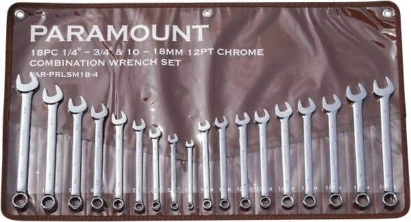 Paramount - 18 Piece, 1/4" to 3/4" (10mm to 18mm), 12 Point Combination Wrench Set - Inch/Metric Measurement Standard, Full Polish Finish, Comes in Canvas Roll - Eagle Tool & Supply