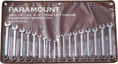Paramount - 18 Piece, 1/4" to 3/4" (10mm to 18mm), 12 Point Combination Wrench Set - Inch/Metric Measurement Standard, Full Polish Finish, Comes in Canvas Roll - Eagle Tool & Supply