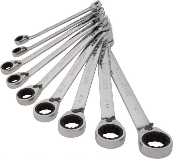 Paramount - 9 Piece, 9/32" to 3/4", 12 Point Ratcheting Reversible Combination Wrench Set - Inch Measurement Standard, Chrome Finish, Comes in Canvas Roll - Eagle Tool & Supply