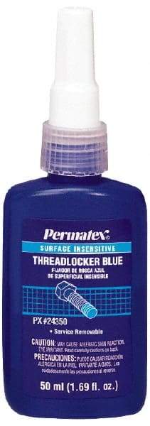 Permatex - 50 mL Bottle, Blue, Medium Strength Liquid Threadlocker - Series 243, 24 hr Full Cure Time, Hand Tool Removal - Eagle Tool & Supply