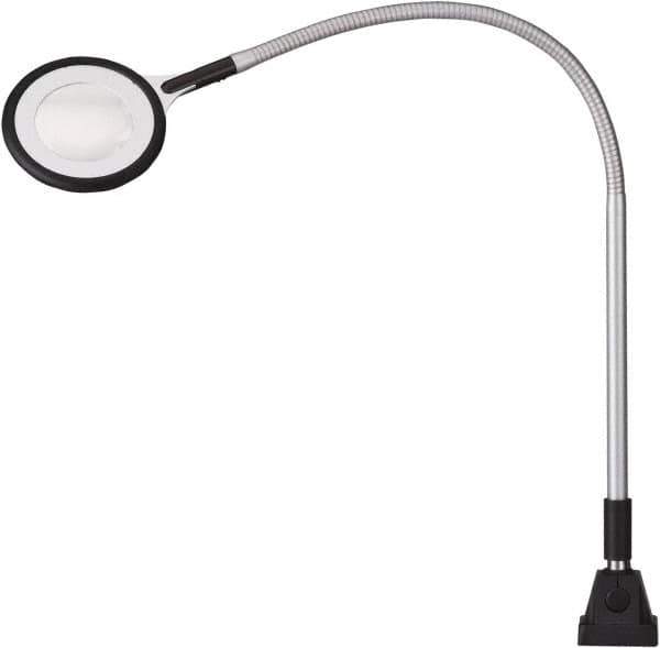 Waldmann Lighting - 25.4 Inch, Gooseneck, Clamp Mounted, LED, Silver, Magnifying Task Light - 6 Watt, 100 to 240 Volt, 2.25x Magnification, 71mm Wide - Eagle Tool & Supply