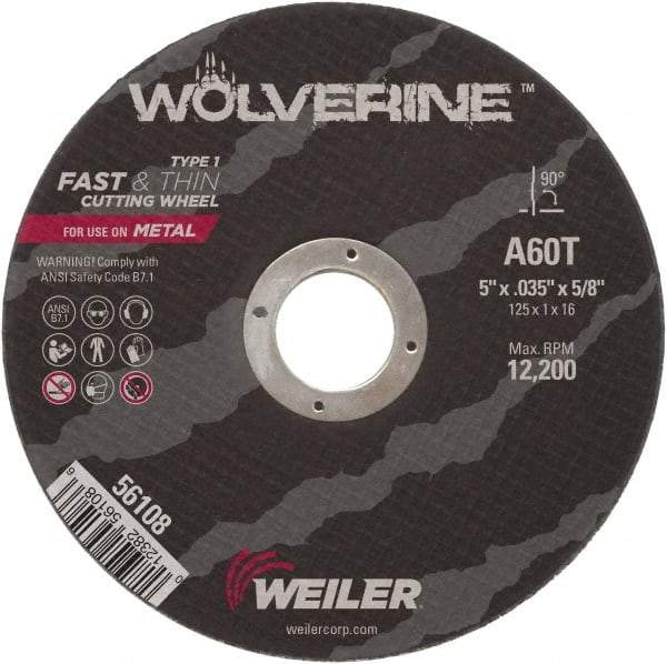 Weiler - 5" 60 Grit Aluminum Oxide Cutoff Wheel - 0.035" Thick, 5/8" Arbor, 12,200 Max RPM, Use with Portable Tools - Eagle Tool & Supply