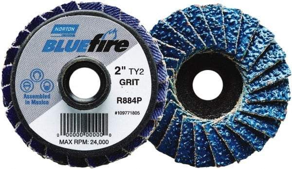 Norton - 36 Grit, 3" Disc Diam, Type 27 Zirconia Alumina Flap Disc - 30,000 Max RPM, Fiberglass Backing, Quick Change Type S Attaching System, Coated - Eagle Tool & Supply