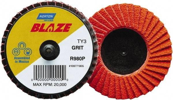 Norton - 120 Grit, 3" Disc Diam, Type 27 Ceramic Alumina Flap Disc - 30,000 Max RPM, Fiberglass Backing, Quick Change Type R Attaching System, Coated - Eagle Tool & Supply